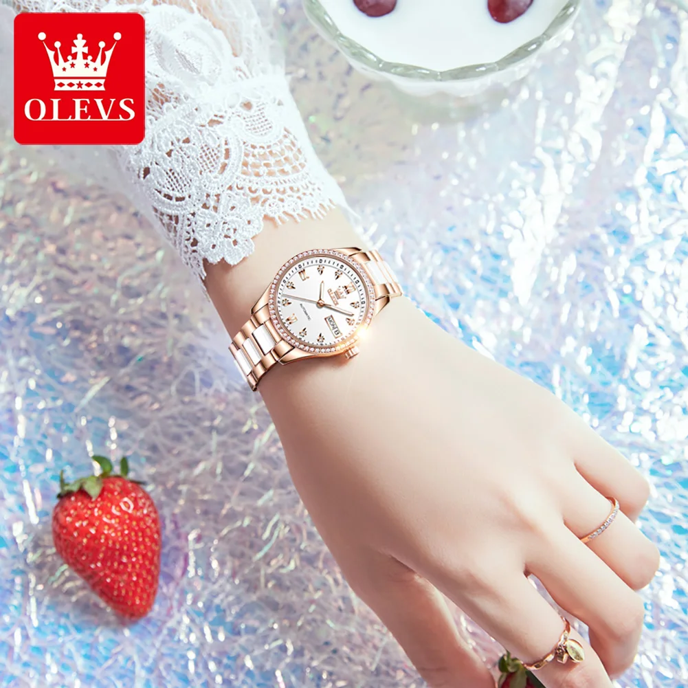 OELVS Women\'s Watch Brand Luxury Rose Gold Diamond Automatic Mechanical Watch Elegant Waterproof Ceramic Strap Women\'s Watch