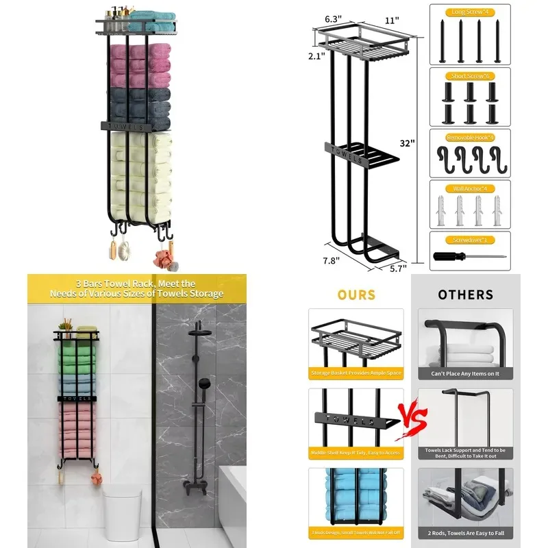 Wall Mounted Metal Towel Rack with Wooden Shelf and 4 Hooks Bathroom Storage Organizer for Hand Towels Space Saving