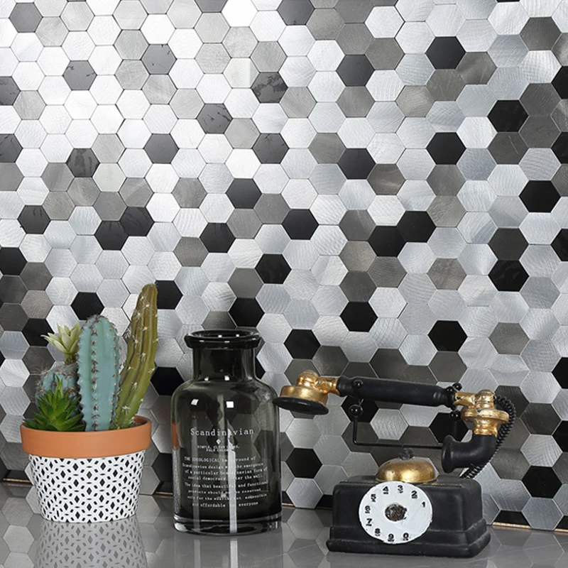 Peel and Stick Backsplash Hexagon 3D Wall Tile for Kitchen Bathroom Living Room Self Adhesive Aluminum Metal Mosaic Sticker