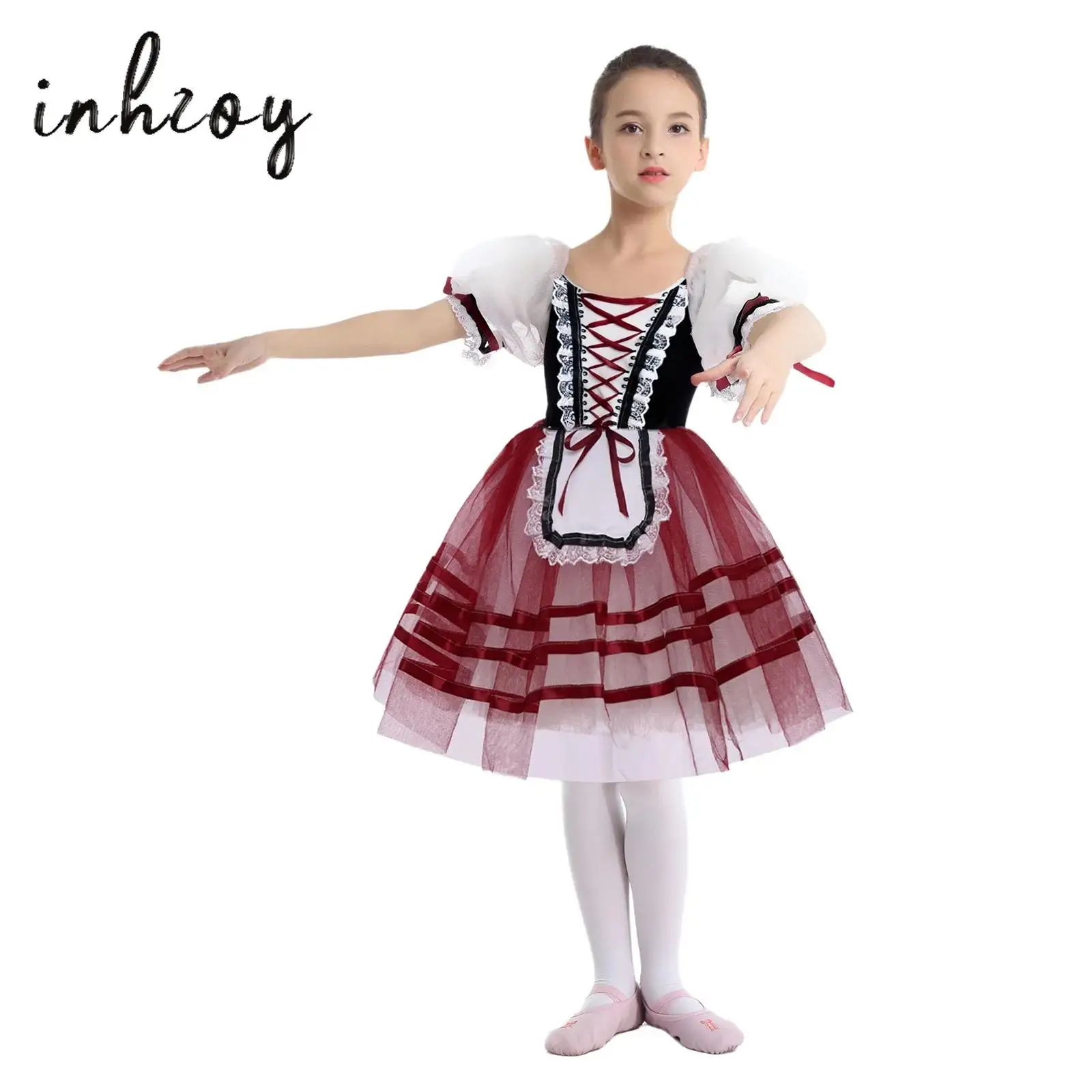 

Kids Girls Ballet Tutu Dress Puff Sleeve Lace Trim Lace-up Velvet Patchwork Bodice Layered Dress Stage Dance Performance Costume