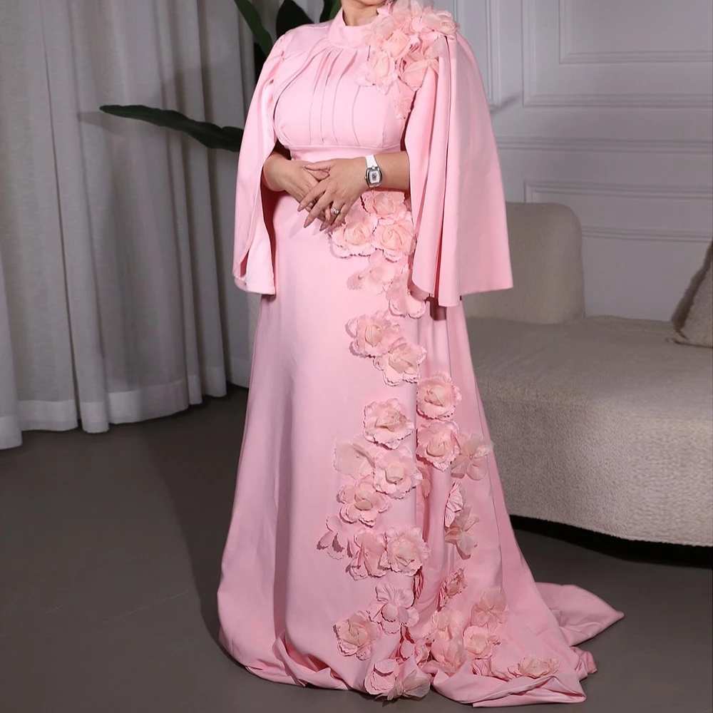 

Customized Mermaid Evening Dresses Floor-length High-neck Sleeveless Prom Gown Fashion Stole Flowers Pleat Draped Party Gown