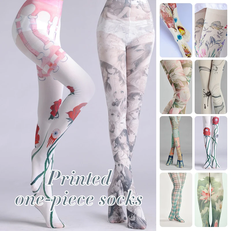 Lolita Floral Printed Pantyhose Japanese Sexy Women Sweet Harajuku Velvet Sotckings Opaque Tights Tattoo Pantyhose