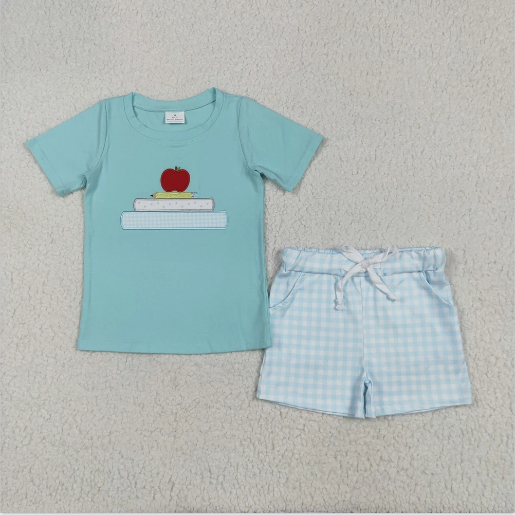 

Wholesale Hot Sale Boutiuqe Outfits Baby Girls Embroidery Apple Pencil Top Pockets Shorts Back To School Shorts Clothes Sets