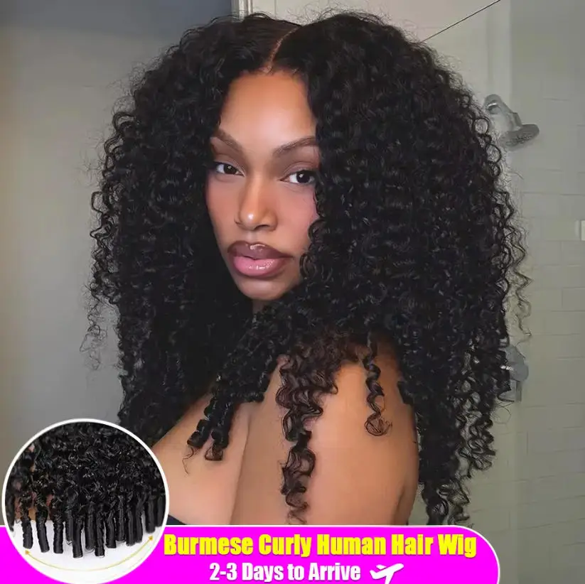 Burmese Curly Virgin Human Hair Wig Natural Black 13x4 HD Lace Invisible Strap Pre Plucked No Glue Ready To Wear Pre Plucked Baby Hair All Lengths 30 34 Inch Beginner Friendly Ready To Wear