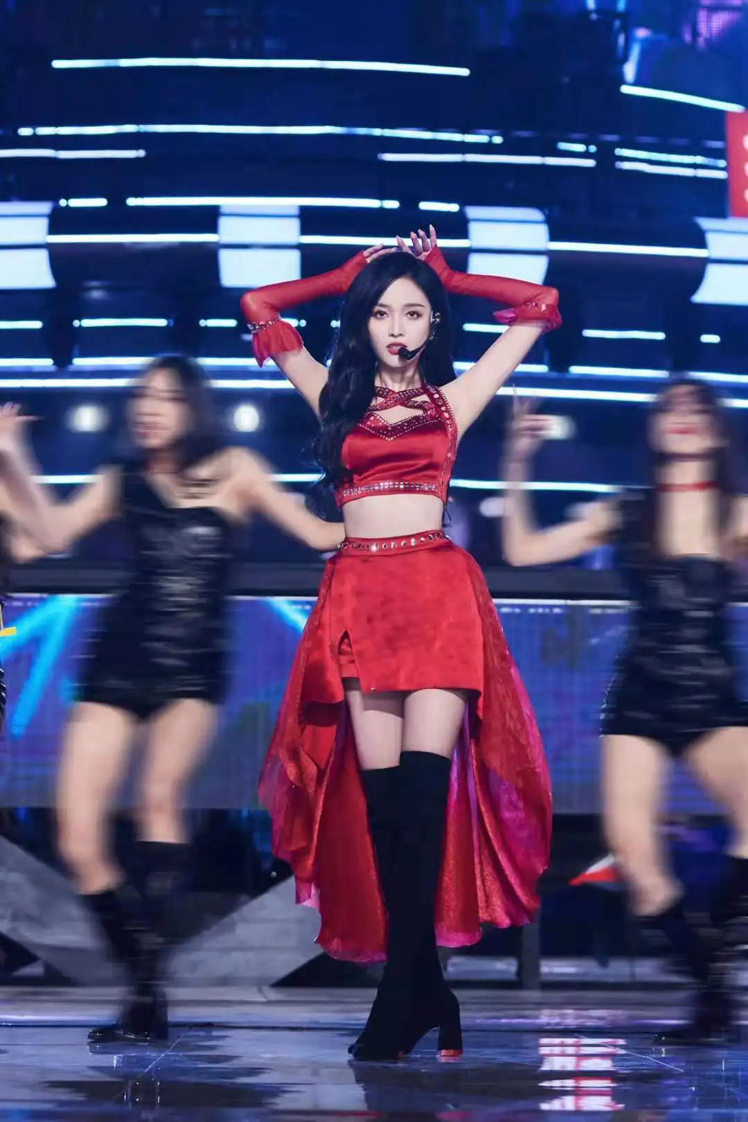 New Sexy Shiny Red Plaid Cutout Bodysuit Women Nightclub Gogo Costume Stage Pole Performance Clothing Festival Outfit Set