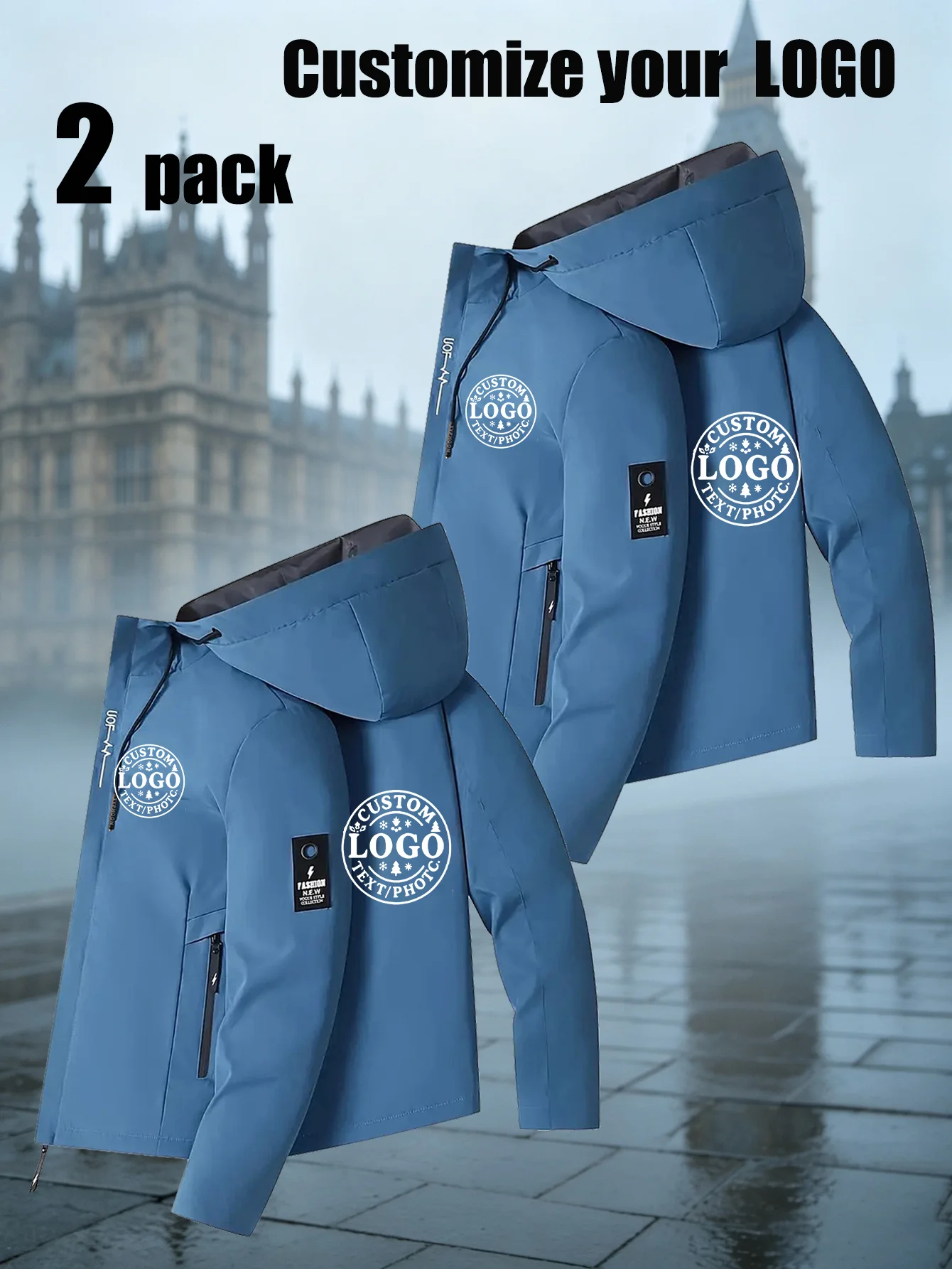 2-Piece Custom Men's Full-Zip Parka with Hood, Made of Durable Non-Elastic Fabric, Suitable for Spring and Autumn Casual Wear