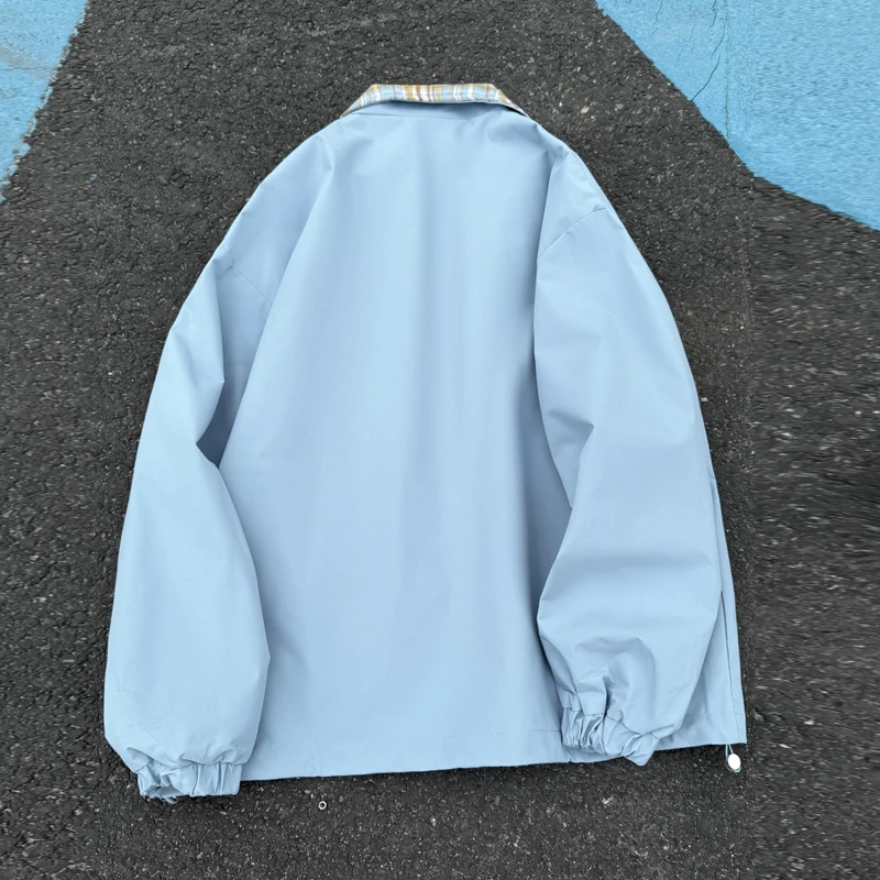 Men Reversible Stand Collar Zip Up Jacket Solid Light Blue & Plaid Liner Loose Casual Windbreaker Oversized Street Outerwear For