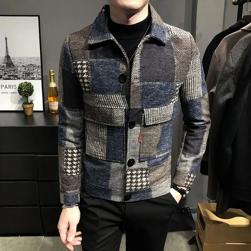 Mens Woolen Jacket 2023 Autumn Winter Fleece Warm Plaid Woolen Coat Streetwear Casual Slim Fit Jacket Coat Fashion Men Clothing