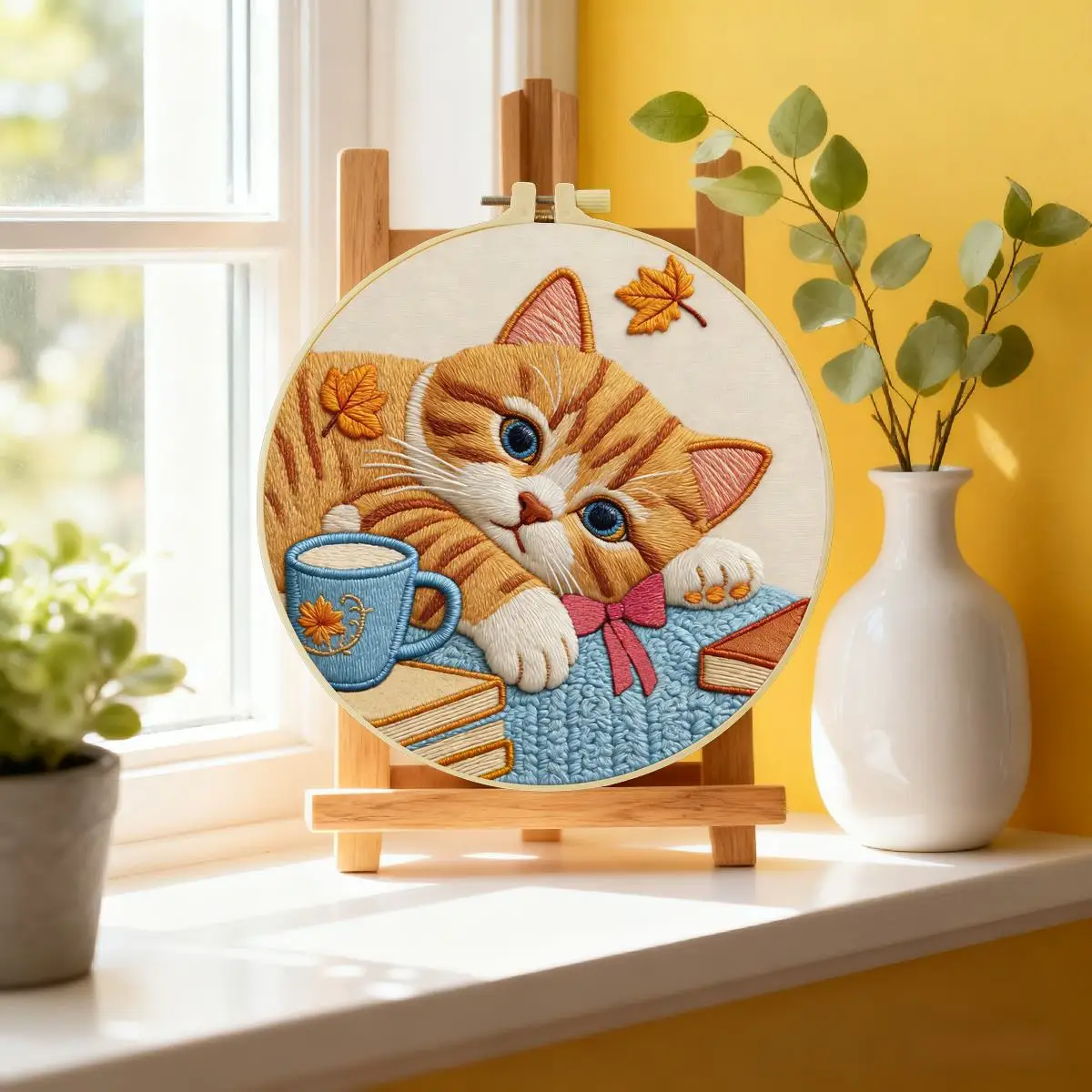 1 Stück 20X20CM/15X15CM 7,87/6,3 Zoll Das niedliche orangefarbene Katzen-Stickerei-Starter-Kit DIY-Kit DIY-Stickerei-Set Handarbeiten Heimdekoration – Detail 3