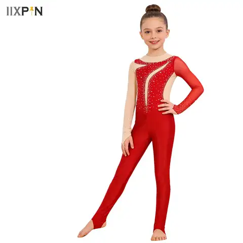 Big Girls Full Jumpsuit Ballet Dance Leotard Gym Gymnastic Costume Color Block Long Sleeves Unitard Bodysuit Dance Training Wear