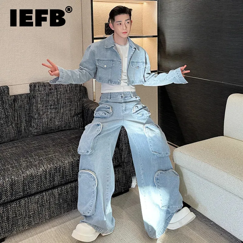 IEFB Spring new fashion men\'s denim set niche design washed short jacket three-dimensional multi pocket wide leg pants 9C5148