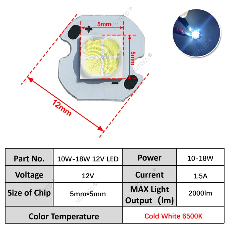 DC12V LED 10W 18W 20W 5050 Cold White 6500K XHP50 Diode Beads 12mm Bulb For DIY Flashlight Parts Bicycle Car HeadLamp Accessory