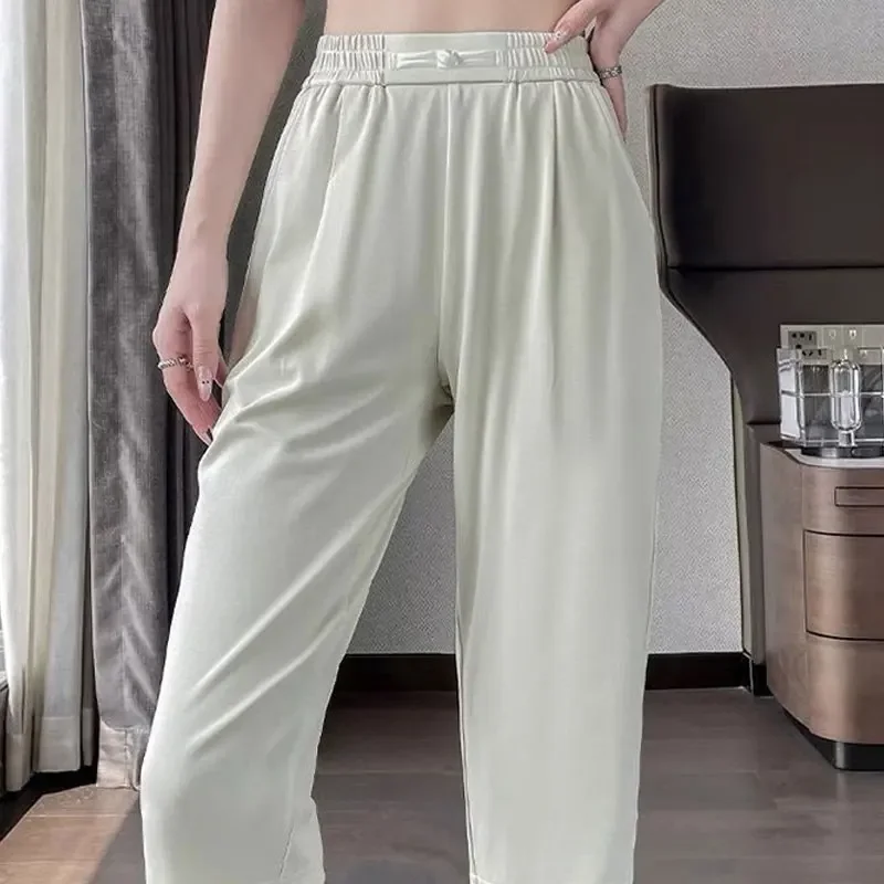 Basic zomer dunne harembroek effen kleur casual split hoge taille elastische dameskleding chique Chinese schijfbroek