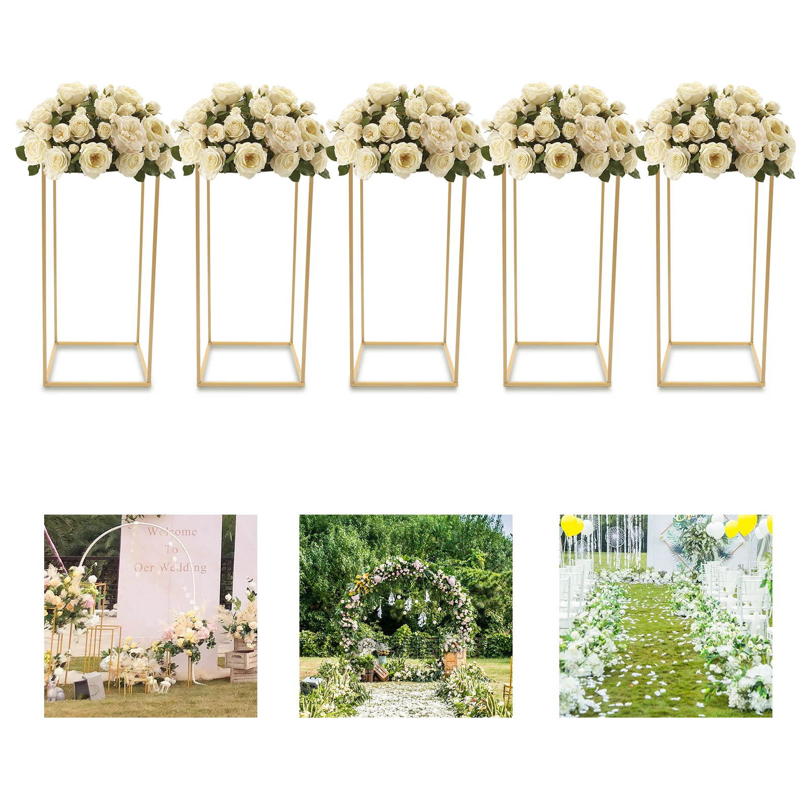 5pcs Gold Floor Stand Metal Column Flower Stand Wedding Decorative Rack Venue 60 cm