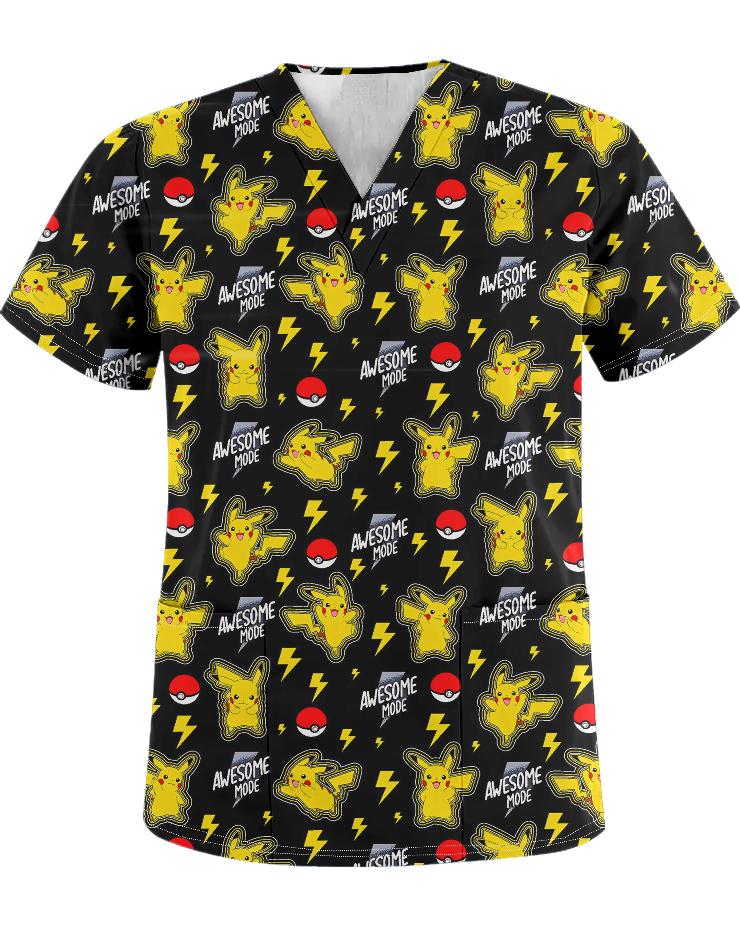 Camiseta Masculina de Manga Curta com Decote em V e Bolso, Estampa Pokémon, Uniforme para Clínica Odontológica, Pet Shop, Hospital, Enfermeira