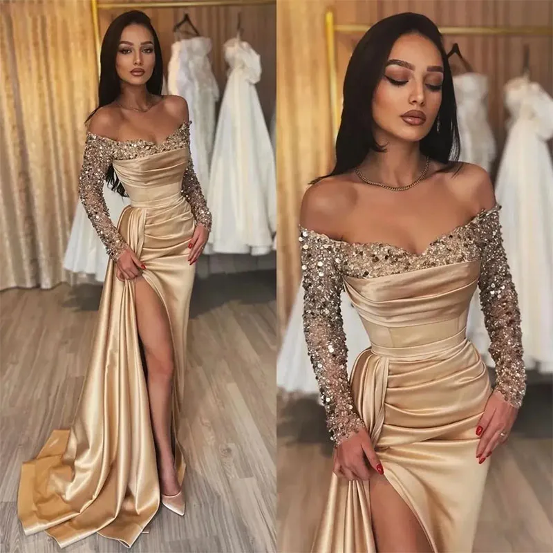 Robe de Soirée Sirène à Paillettes pour Femme, Tenue de Bal Sexy, Champagne, Manches sulf