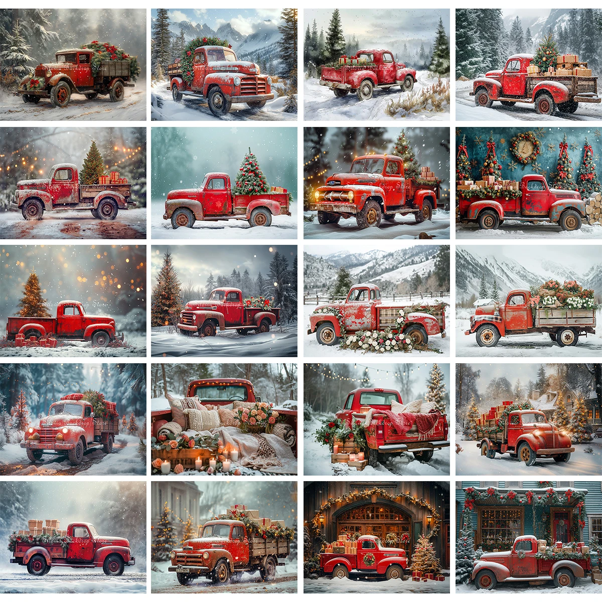 Christmas Red Truck Photo Background Winter Snow Xmas Tree and Gifts Photography Backdrop Kids Portrait Photo Studio Props