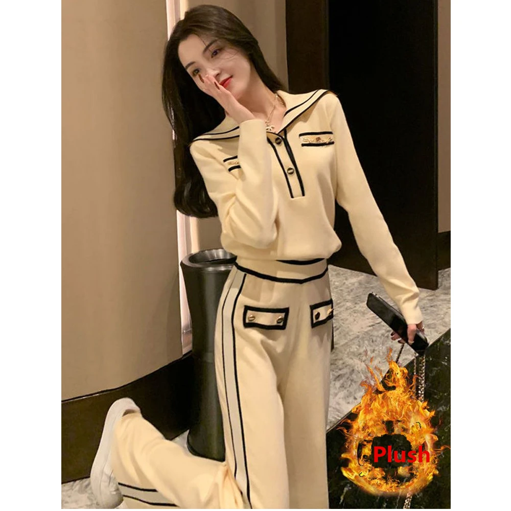 Women's Autumn Winter Warm Plush Sweater Wide Leg Pants Two Piece Set Lady Knitted Tops Trousers Outfits New Knitwear Female