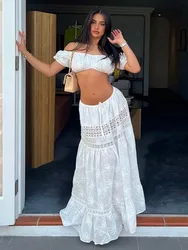 Conjunto saia e saia de renda de algodão feminino, roupas sexy combinando, branco, praia, feriado, fêmea, primavera, verão, 2 pcs, 2024