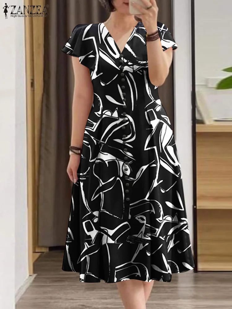 2024 ZANZEA Summer Casual Holiday Work Dress Bohemian Floral Printed Sundress Women Elegant V Neck Short Sleeve Midi Vestido