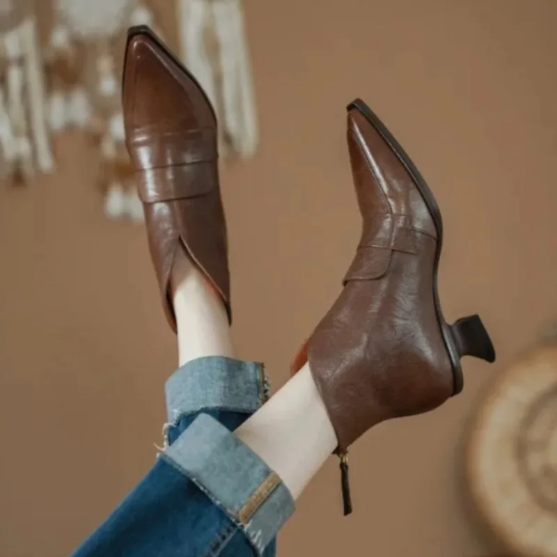 Alien Folkel Boots Women's Fashion Pointed Toe Paneled Rear Zipper Anti-Slip Wear-Resistant Booties