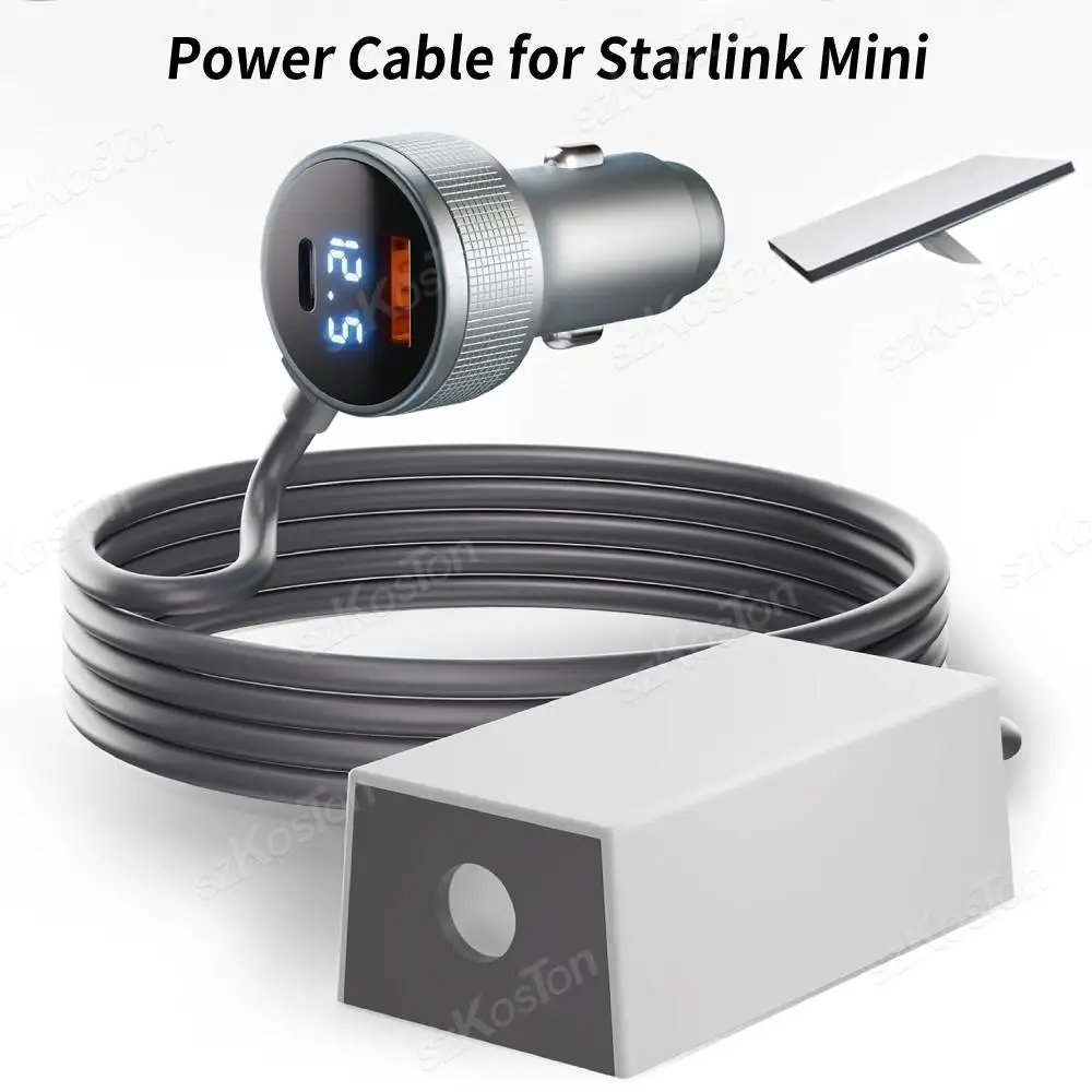 Power Cable for Starlink Mini Car Adapter with Step Up Converter USB-A QC 3.0, Type-C PD 45W Ports , Cigarette Lighter Adapter