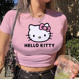 Hello Kitty ngắn tay Camiseta dành cho phụ nữ, Top cơ bản với cổ áo tròn, phong cách mềm mại và giản dị, thời trang Hàn Quốc 10 Người phụ nữ áo sơ mi màu tím chính - №1