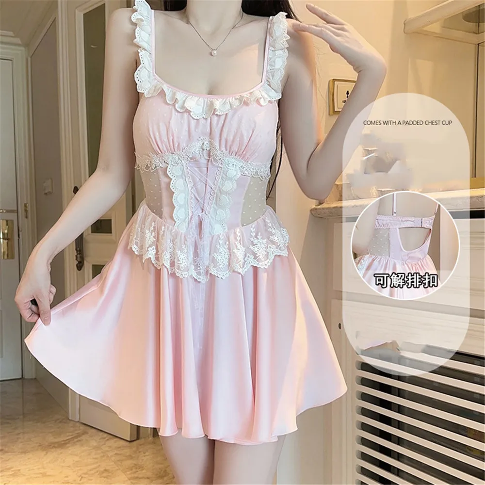 

Sexy Lace Applique Suspender Nightgown Backless Nightdress Intimate Lingerie Summer Female Chemise Sleepwear