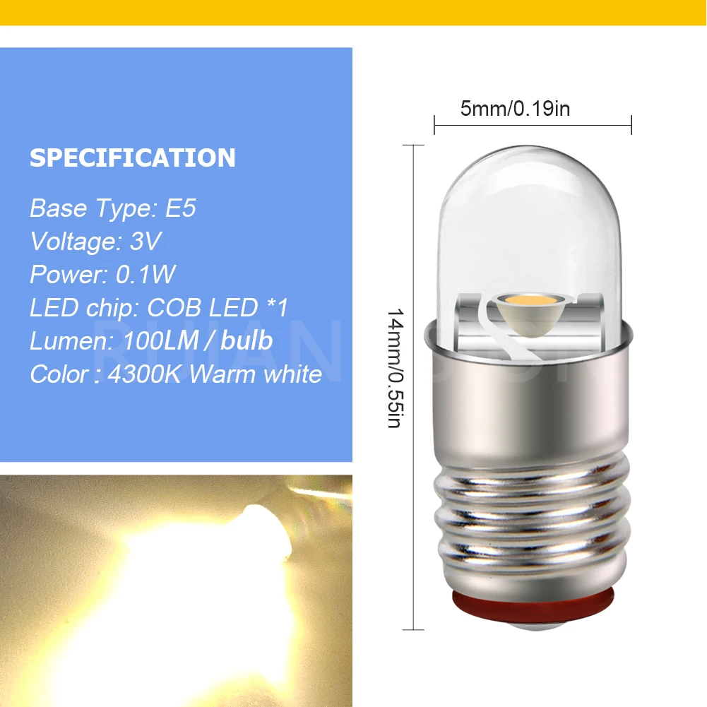 RUIANDSION 10 Pcs Screw E5 LED Bulb 3V 6V 12V 24V Warm White Cool White 60Lm Waterproof 4.5mm Energy Efficient Replacement E5.S