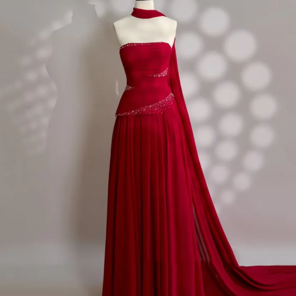 

Casual Customized Strapless Elegant Crystal Prom Dresses A Line Chiffon Party Gowns Floor Length Evening فساتين سهرة