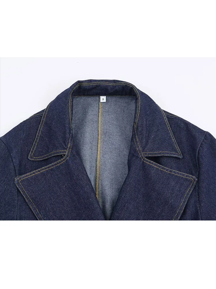 سترة نسائية شتوية عصرية من HH بتصميم كتف ثنيات من قماش الدنيم سترة واقية قصيرة للسيدات بأكمام طويلة وجيوب وحزام