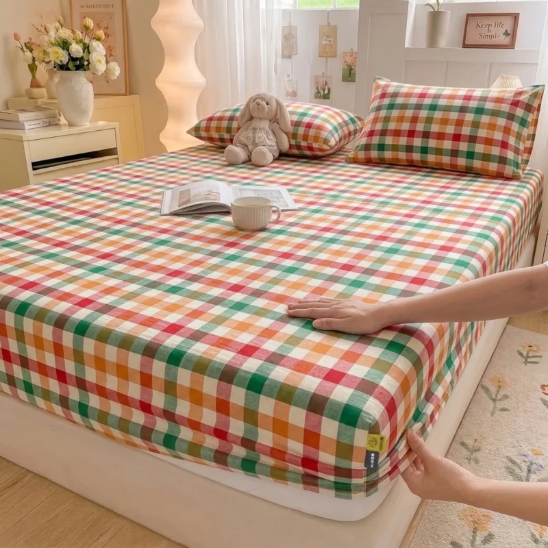 100%Cotton Bed Sheet Nordic Style Fitted Sheet sábanas para cama Single/Queen/King Size Checkered Printed lençol cama de casal
