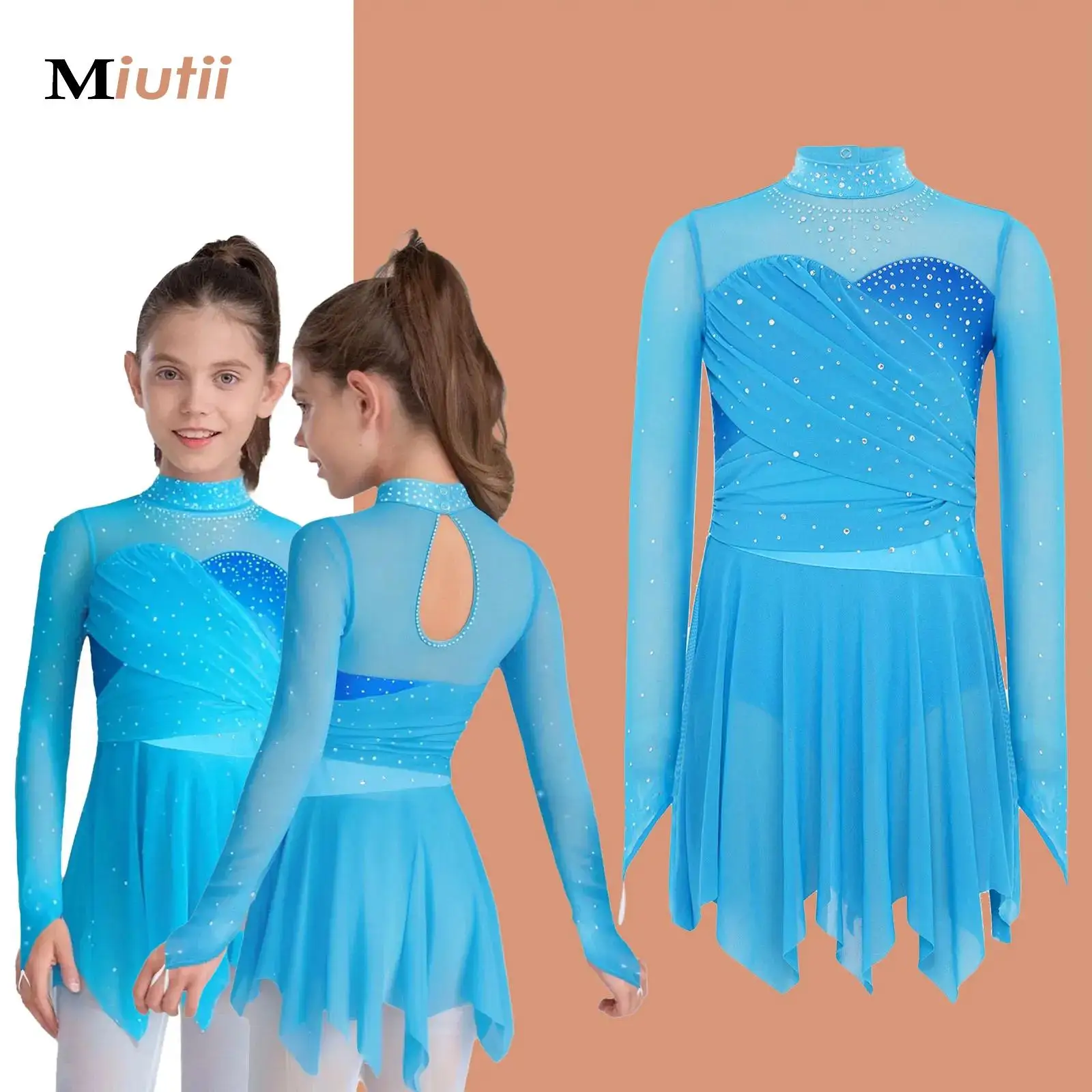 

Gymnastics Leotards Kids Girls Ruched Glittery Rhinestones Ballet Lyrical Dance Dress Ruched Mesh Skating Performance Costume
