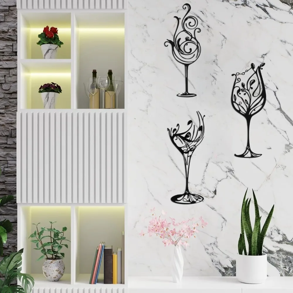 3 Pieces Metal Wine Glass Wall Art Custom Name Number Decor Sign Rustic Iron Wall Decor for Kitchen Dining Room Bar Home Decorat view 4