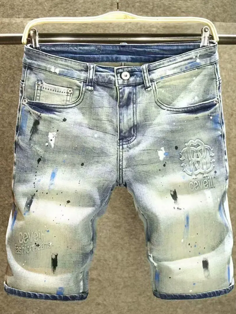 

Men's Slim Fit Jeans Shorts Summer Thin Five-Point Casual Elastic Wear Resistant Youth Trendy mid Waist Zipper Pocket Jeans