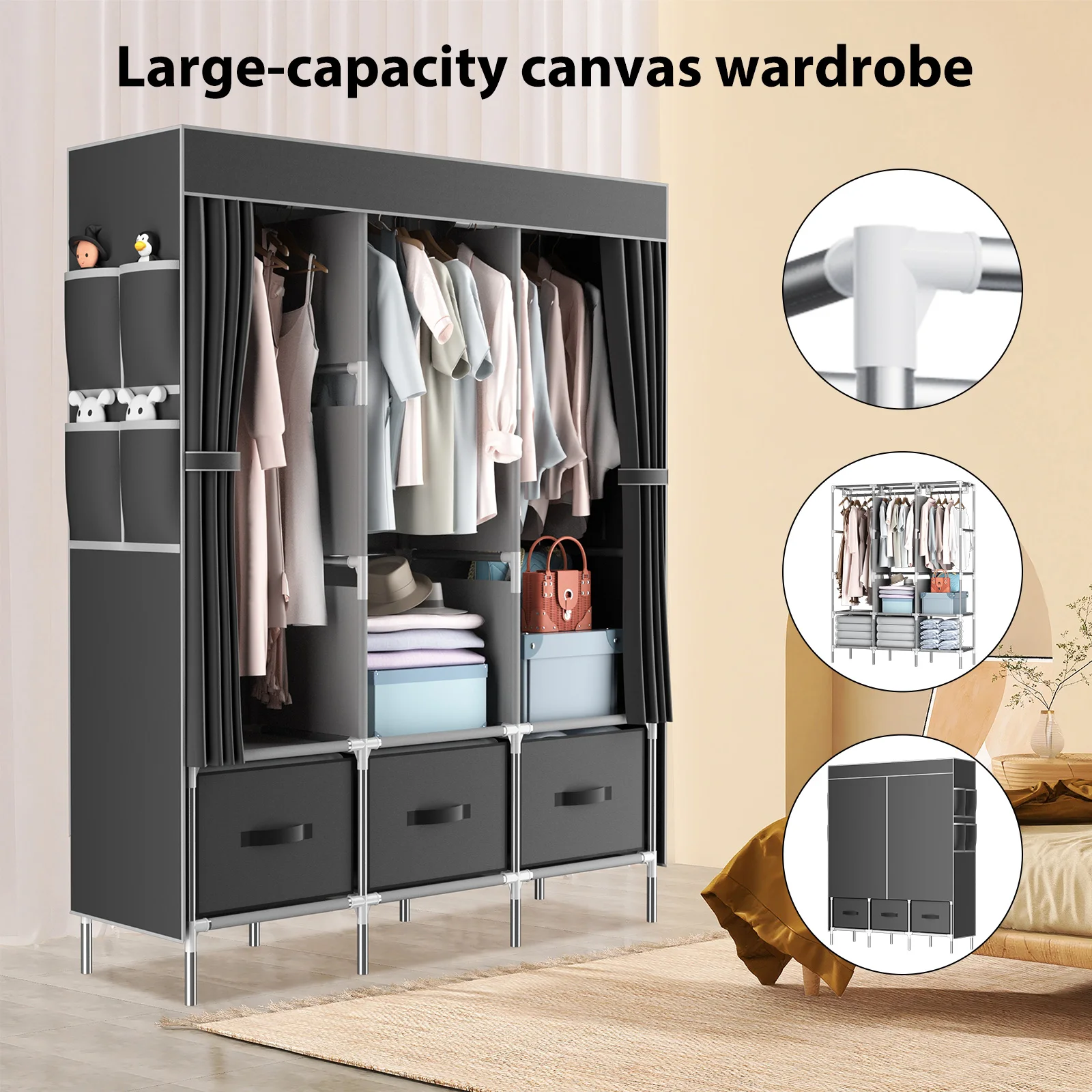 LOEFME Large Canvas Wardrobe Clothes Closet Cupboard With Shelves and 3 Storage Drawers