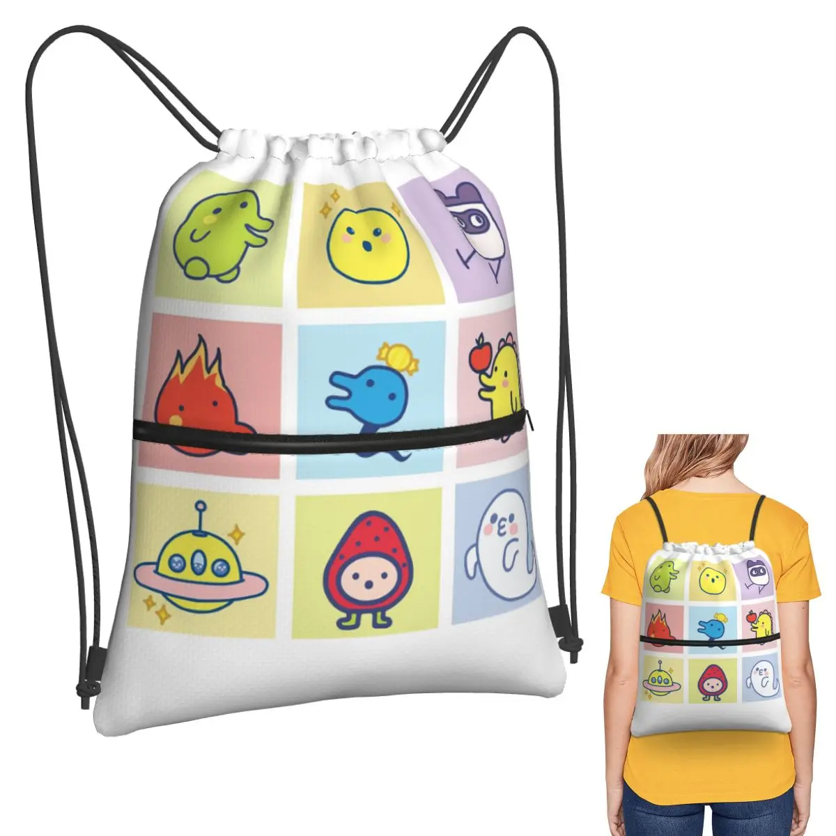 

Tamagotchi Character Collage Backpacks Portable Drawstring Bags Shoes Bag Book Bags for Travel Students