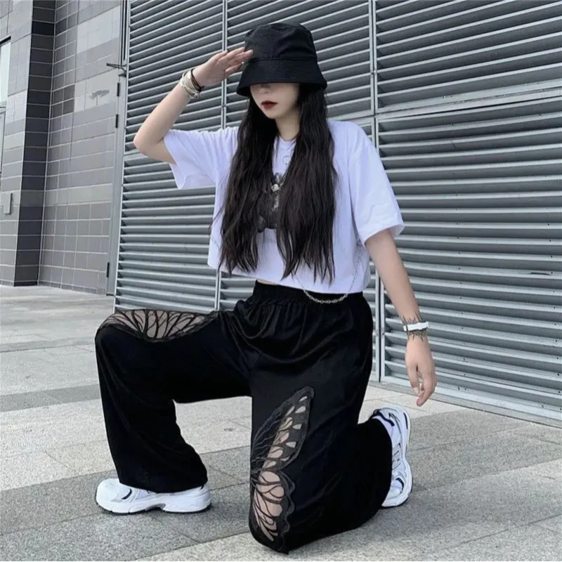 2024 Summer Women's New Comfortable Casual Hollow Wide Leg Pants Loose High Waist Straight Leg Pants Hip Hop Style Pants