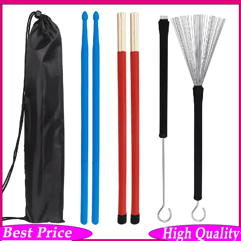 Dual-Head Drumstick Brush Set - 1 Pair Nylon & Bamboo Drumsticks with Convertible Brush Tip for Multi-Style Percussion