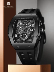 TSAR BOMBA Luxury Mens Watch Top Brand Wristwatch Tonneau Clock Rubber Strap Chronograph Sapphire Watches for Men