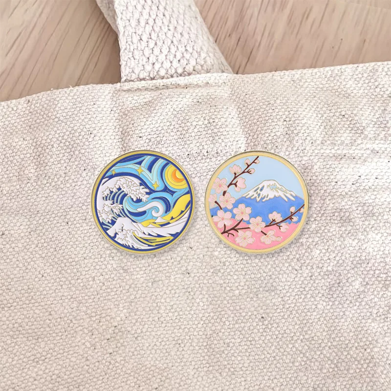 Japanese Ukiyo-e Art Enamel Badges Great Wave Off Kanagawa Mount Fuji Cherry Blossom Brooches Lapel Backpack Jewelry Gifts