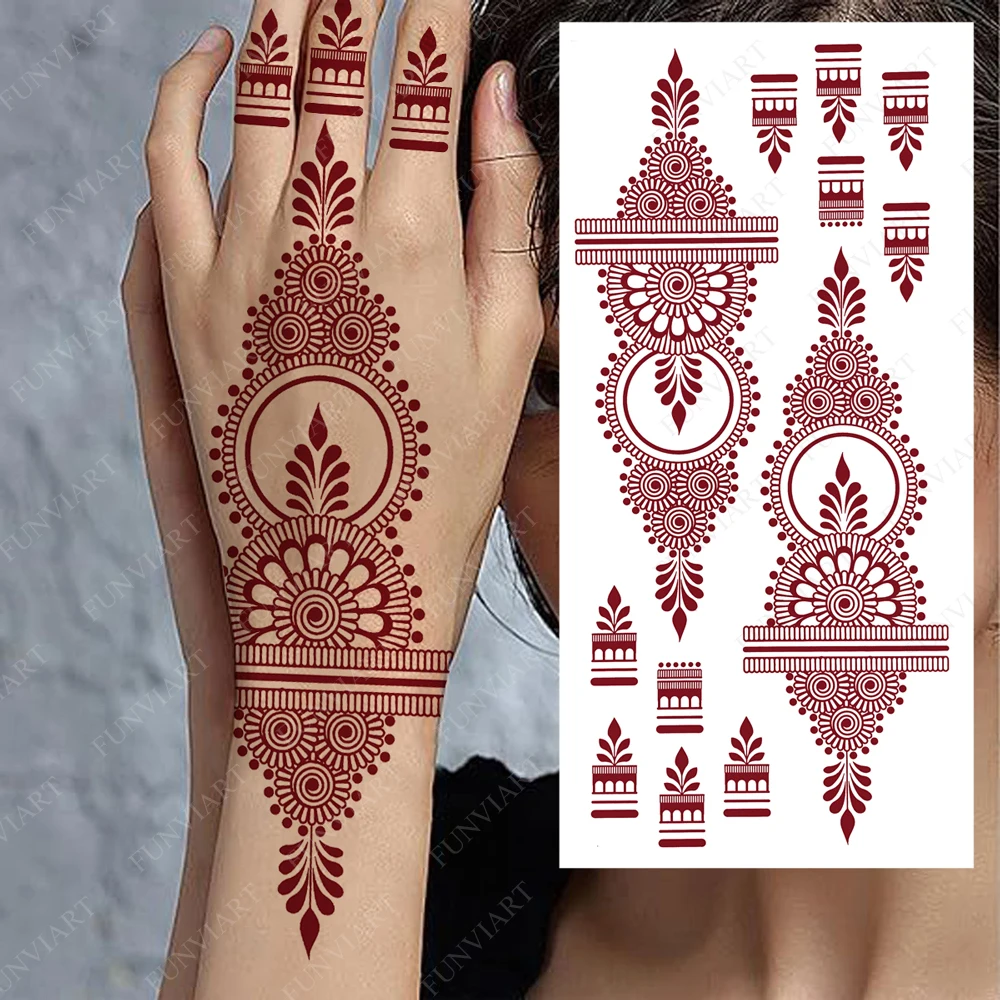 Waterproof Large Size Maroon Henna Tattoo Sticker for Women Flower Mehndi  Fake Tattoo for Hand Arm Body Decor