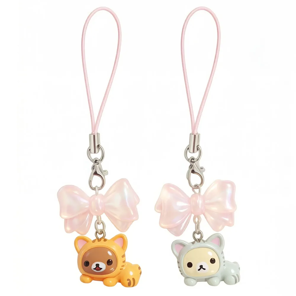 Cute Rilakkuma Korilakkuma Cat With Pink Bow PVC Bead Strap Mascot Keychain Keyring Keyholder Bag Phone Chain Toy