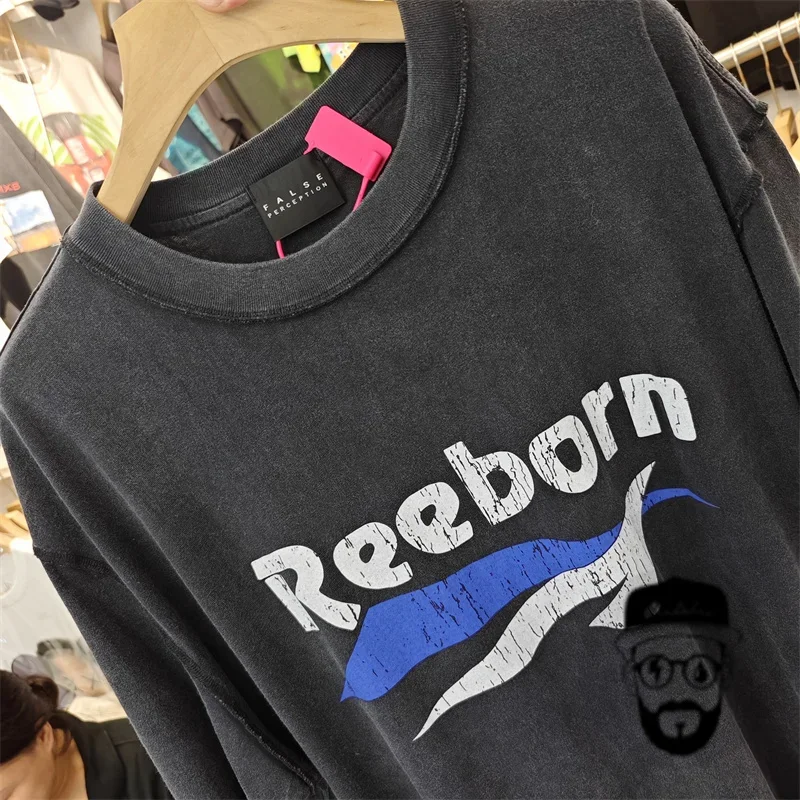 False Perception Letter Crack Print Washed Old Faded Retro Slogan Short Sleeved t-Shirt