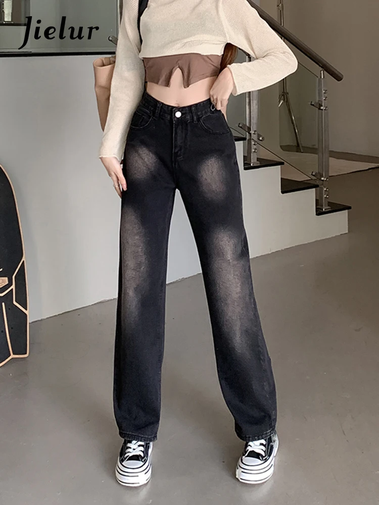 

Jielur Gradient Black High Waist Jeans Women Autumn New Straight Denim Pants Street Loose Casual Wide Leg Trousers Female S-XL