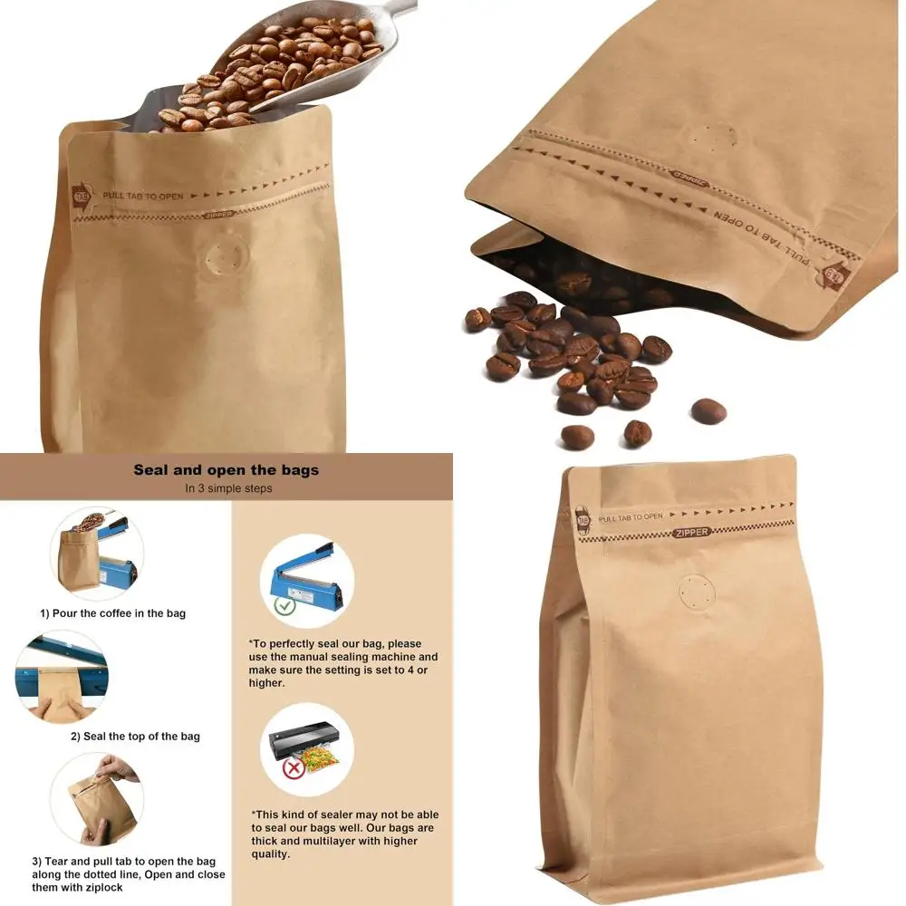 

100 Pack 16oz High Barrier Kraft Coffee Bags with Resealable Zipper and Easy Open Tape