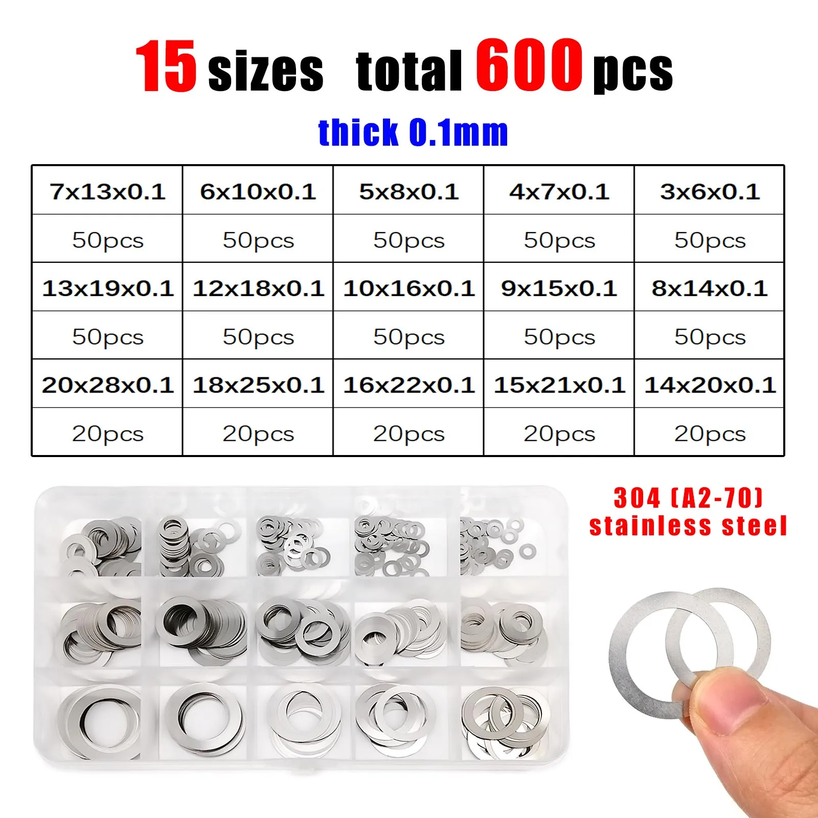 1 Box ultradünne, verstellbare Unterlegscheiben, verschiedene Größen: 0,1 mm, 0,2 mm, 0,3 mm, M3 bis M20, ultradünnes Flachdichtungsset, Edelstahl 304 – Detail 9