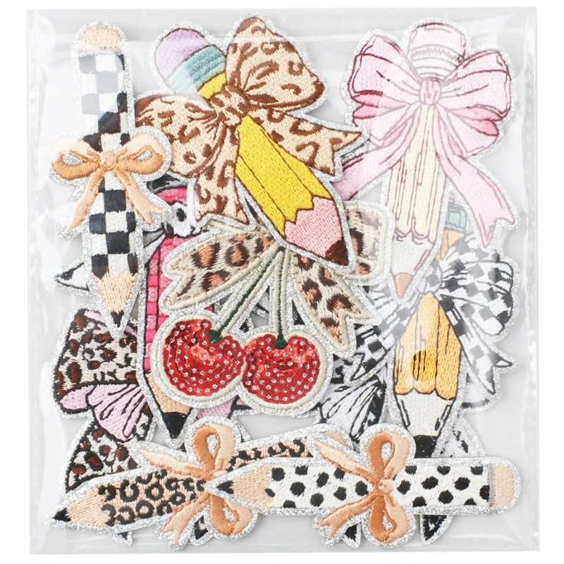 Vintage Y2K Bow Pencil School Iron-on Sew Embroidery Badge Patch DIY T-shirt Hat Backpack Clothing Applique Sticker