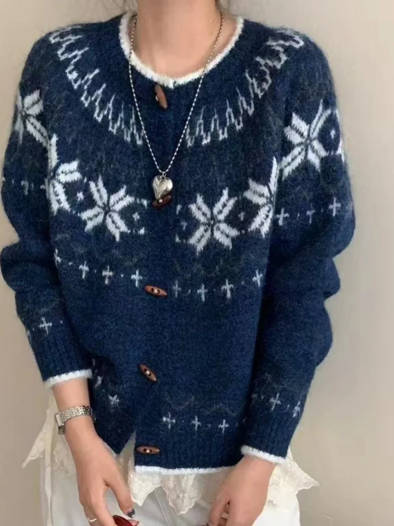 Retro Button-Up Soft Versatile Fair Isle Knit Sweater Women's Autumn Winter New Style Color Block Knitted Coat Casual Fashion
