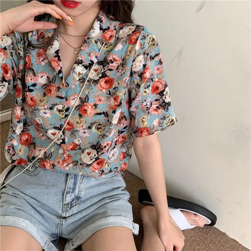 

Vintage Short Sleeve Printing Button Shirt Tops Women Clothing Summer New Floral Neck High Street Blouse Casual Fashion